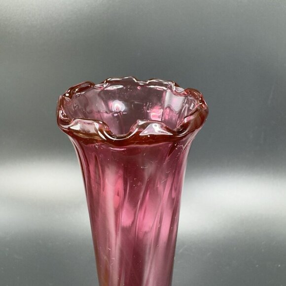 Antique Cranberry Art Glass Vase Wavy Ruffled Top Bud Vase Hand Blown Textured - Picture 4 of 11